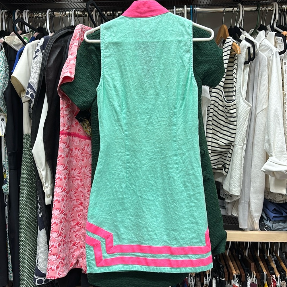 Sail to Sable Navy Sleeveless Classic Tunic Dress Mint Green Trim Linen - small - Picture 3 of 4